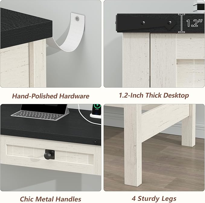 Farmhouse Computer Desk with 2 Drawers, 39 Inch Small Office Computer Desk with Power Outlets, Compact Writing Study Vanity Desk for Small Spaces, Black and White