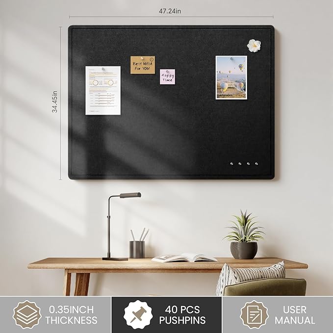 Bulletin Board, 48 X 35 inches Decorative Felt Cork Board Alternative with Pushpins, Foldable Felt Notice Pin Board Photo Display Board for Office Home School Wall
