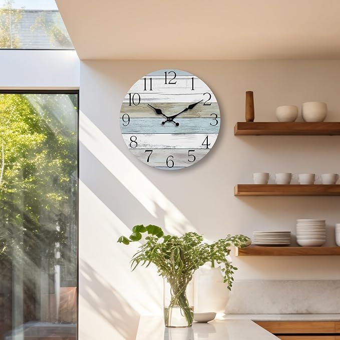 HYLANDA Wall Clock, 10 Inch Silent Non Ticking Wall Clocks Battery Operated, Rustic Wooden Clocks Decorative for Kitchen, Bathroom, Bedroom, Living Room