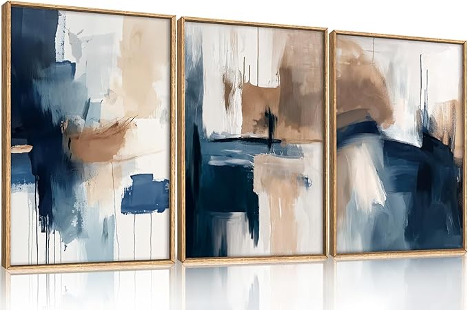 Large Abstract Brush Stroke Framed Canvas Wall Art,Modern Pastel Wall Decor,Neutral Navy Blue Art Prints, Minimalist Watercolor Brown Artwork for Living Room,Bedroom,Dining Room-16"x24"x3