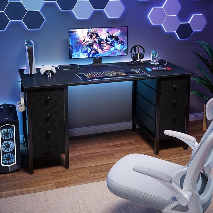 DLisiting Black Gaming Desk with Fabric Drawers on Both Sides, 55 Inch Home Office Computer Study Writing Work PC Desk with 8 Storage Drawers Storage for Bedroom