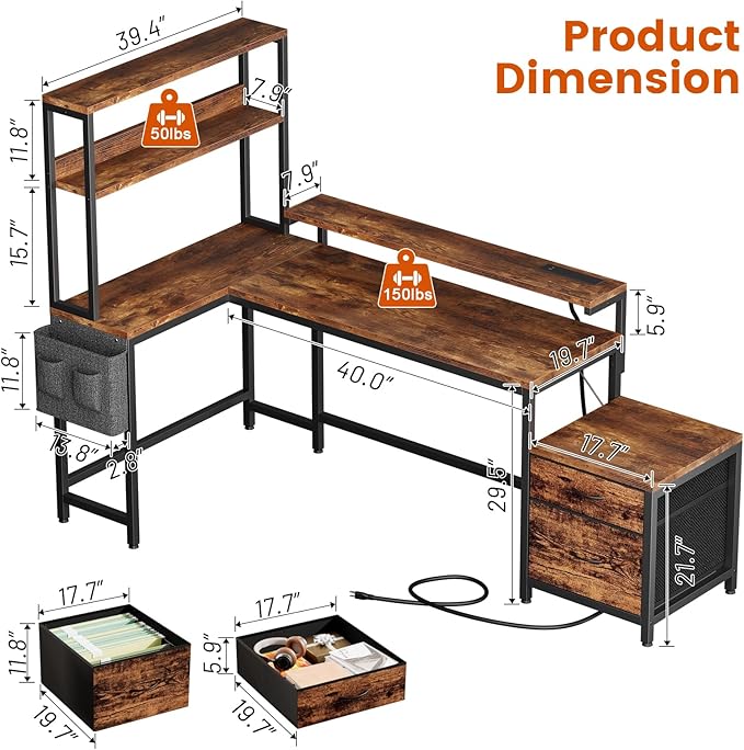 REAHOME 70 Inch L Shaped Desk with File Drawers and Reversible Storage Shelves, Computer Desk with Power Outlet & LED Strip, Home Office Desks, Writing Study Desk for Bedroom, Rustic Brown
