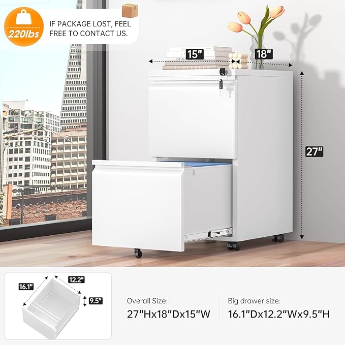 2 Drawer Mobile File Cabinet, Metal Rolling Filing Cabinet with Lock for Home Office, Under Desk Small Cabinet with Wheels Fit A4/ Legal/Letter, White
