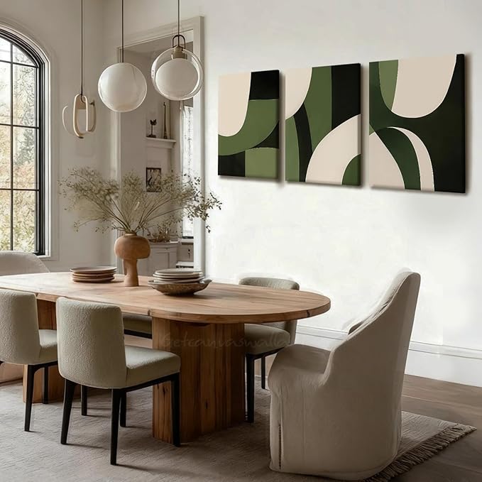 NCCXNCC 3-Pcs Abstract Geometric Canvas Wall Art in Green and Beige Line Artwork Paintings Minimalist Posters Print Medieval Modern Pictures Living Room Bedroom Office Wall Decoration 16x24 inch