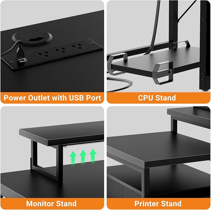 Unikito Reversible L Shaped Computer Desk with Fabric File Drawers, 70.8" Large Office Corner Desk with RGB LED Lights & Power Outlets & Monitor Stand & CPU Stand, Sturdy L Shape Gaming Desk, Black