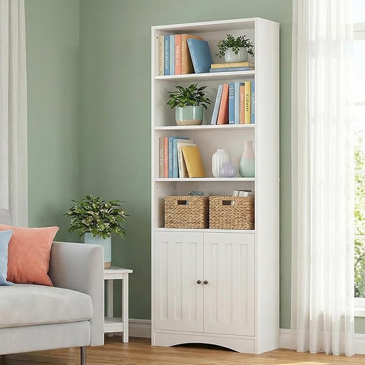 Gizoon Bookshelves and Bookcases with Doors, 6-Shelf Bookcase, Floor Standing Display Storage Shelves, 71” Tall Bookcase, with Adjustable Shelves, for Home, Office, Living Room, Bedroom, White