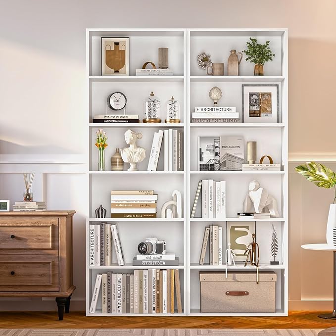 MXV Bookshelf Set of 2, 6 Tier Bookcase, Book Shelf Open Storage Organization, Floor Standing Display Bookshelves and Office Storage Stand for Living Room, Home Office, Dinning Room, White