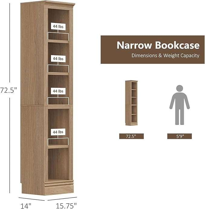JAHRSTIM Halston Narrow Bookcase, Adjustable Storage Open Display Shelving Unit for Home and Office Space, 15.75”L x 13.78”W x 72.8”H, Oak
