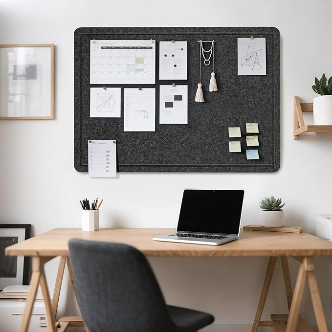 Bulletin Board, 36 x 24 inches Felt Board - Decorative Pin Board, Cork Board Alternative for Wall, 3' x 2' Foldable Self-Adhesive Vision Board Prayer Board with 20 Pushpins - Dark Gray