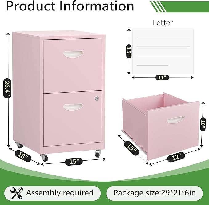 2 Drawer Rolling File Cabinet with Lock,Filing Cabinets for Home Office,Two Drawer File Cabinet, Mobile Under Desk File Cabinets,Printer Stand with Wheels Fit Letter/A4,Assembly Required