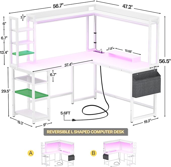 Aheaplus L Shaped Gaming Desk, Reversible L Shaped Desk with Power Outlet and Led Lights, Gaming Desk Corner Computer Desk with Hutch, Monitor Stand and Storage Bag for Home Office, White