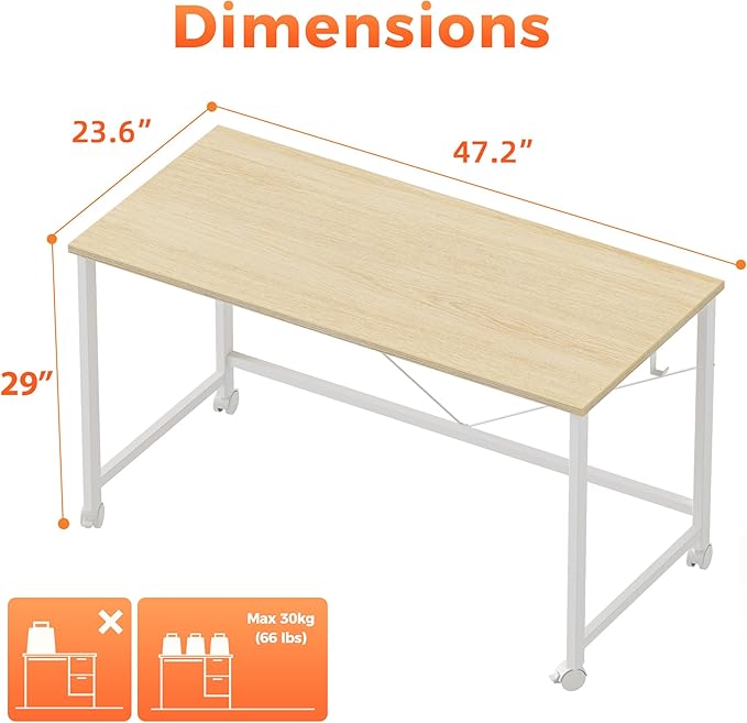 Mericonia 48 inch Rolling Computer Desk with Wheels, Gaming Desk for Small Spaces, Modern Simple Style Table for Home Office, Study Writing Table