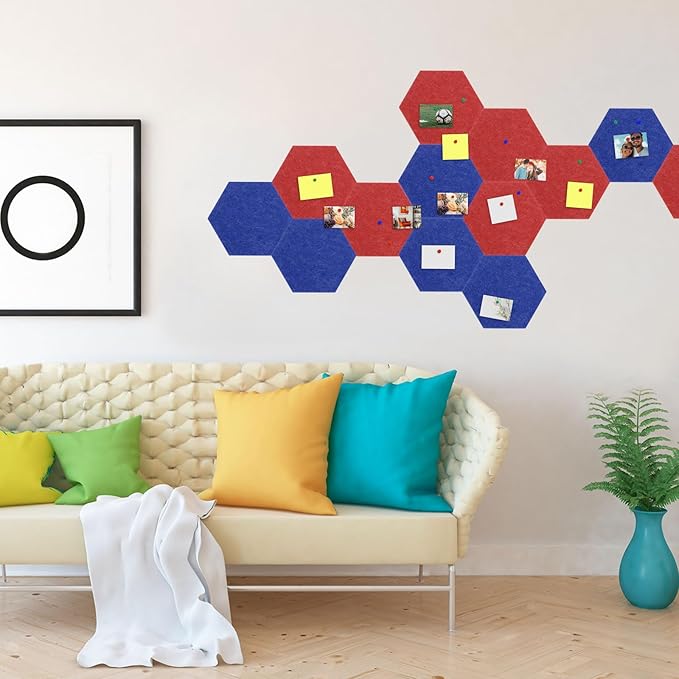 uxcell 6 Pcs Hexagon Felt Pin Board with 40 Pcs Pushpins 8.7" x 7.5" Self Adhesive Felt Bulletin Board Cork Boards for Walls Decorations Paste Notes Photos Schedules, Pink