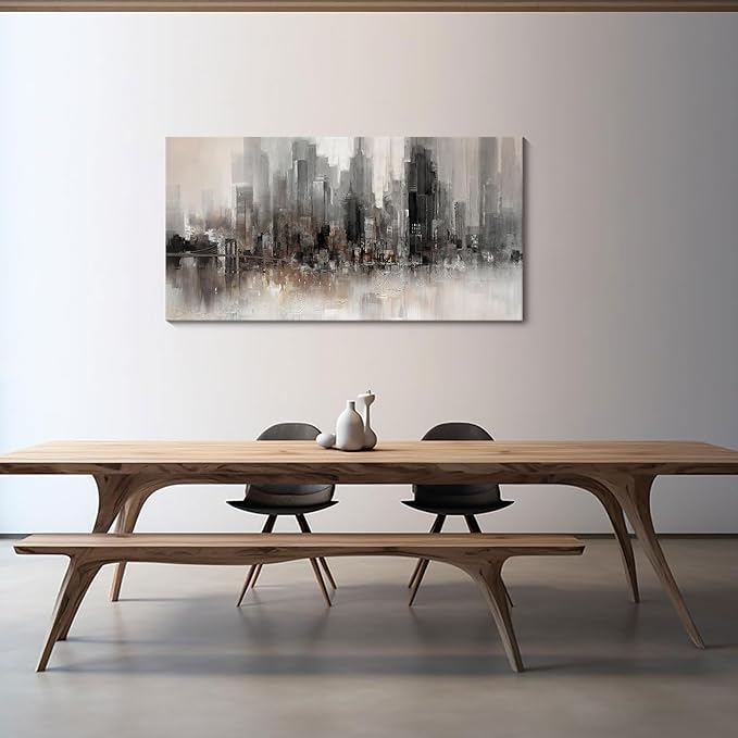 Nyc Skyline Painting Wall Art Grey Buildings Picture for Living Room Modern Home Bedroom Decoration Black and White and Brown Framed Artwork Decor 20X40