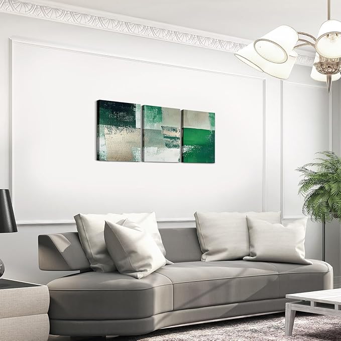 jejeloiu 12"x16"x3pcs Abstract Oil Painting Office Decorations Artwork Posters Abstract Art 3 Piece Canvas Wall Art for Living Room Bedroom Green Modern Picture Wall Decor