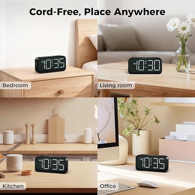 Battery Operated Digital Clock: Cordless Small Alarm Clock for Bedroom Travel - Large Numbers 4 Dimmers for All Ages White Digits