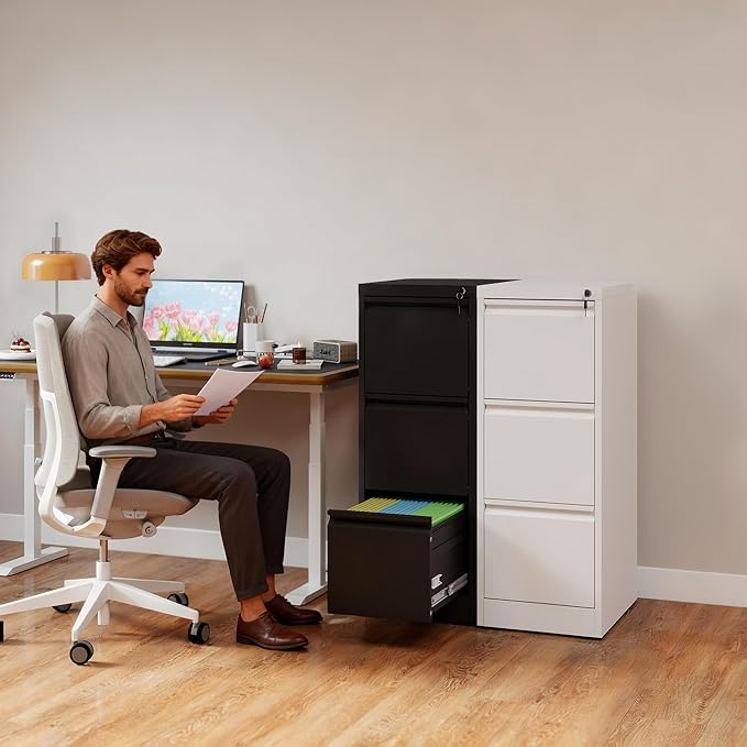 3 Drawer File Cabinet with Lock, Vertical Filing Cabinets for Home Office, Metal Storage Cabinets, Heavy Duty File Cabinet for Letter/Legal/A4/F4 Size Amsseble Required, White
