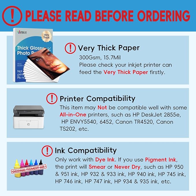 Uinkit Thick Photo Paper 8.5x11 inches 100sheets Double Sides Glossy Heavyweight Photo Paper 300gsm Only Suitable for Professional Inkjet Printer