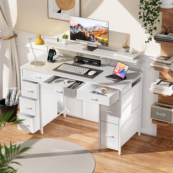 HLDIRECT 47 inch Computer Desk with 8 Storage Drawers, Gaming Desk with LED Lights & USB Power Outlets, Home Office Table with Monitor Stand, Study Writing Work Table for Bedroom, White