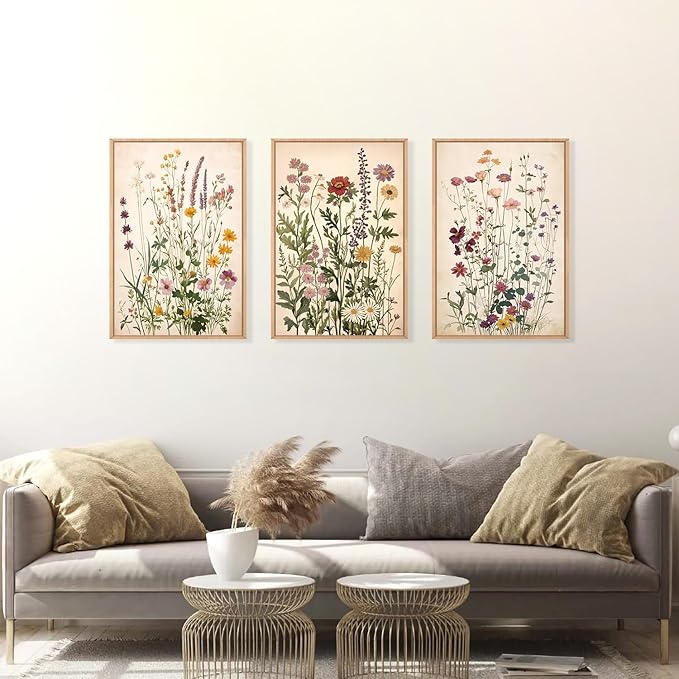 Vintage Wildflower Watercolor Framed Canvas Wall Art Set, Retro Flower Botanical Wall Decor, Colorful Floral Wall Painting, Flower Illustration Art Prints for Living Room, Bedroom 16"x24"x3