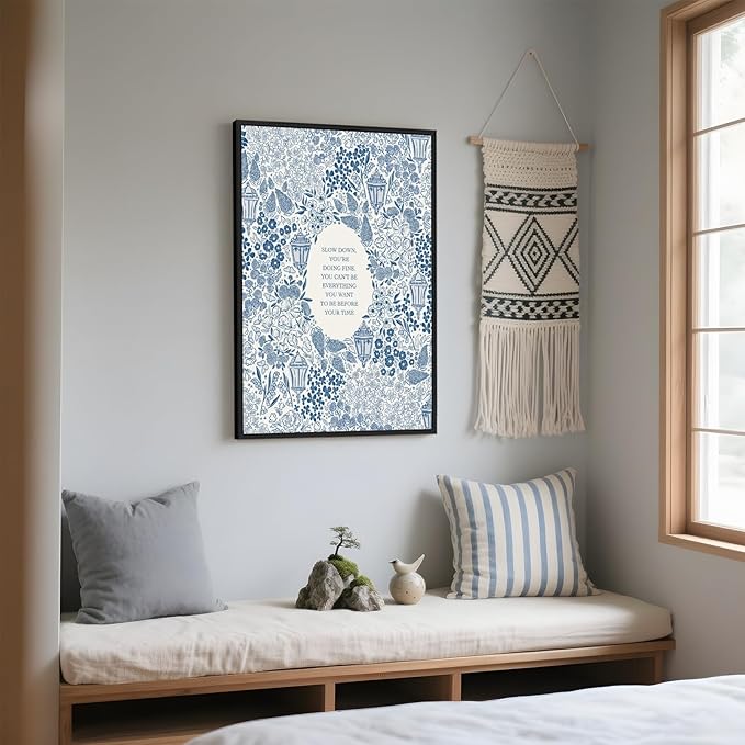 Framed Slow Down Youre Doing Fine Music Posters Motivational Quote Wall Art Blue Victorian Floral Inspirational Canvas Print Vintage Aesthetic Positive Affirmation Office Home Calming Decor 12x16inch