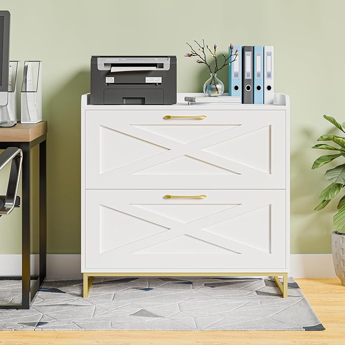 2 Drawer Lateral File Cabinet, Filing Cabinet with Charging Station for Letter/Legal/A4 Size Hanging Files, Modern Farmhouse File Storage Cabinet for Home Office, Printer Stand with Storage, White