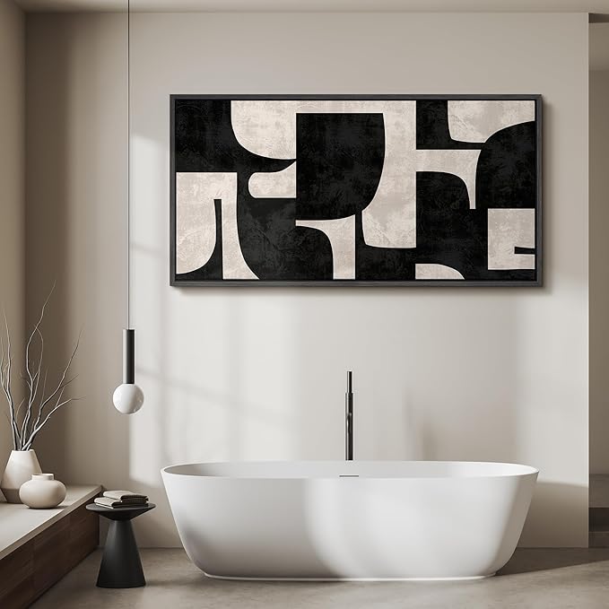 SIGNFORD Extra Large Framed Canvas Black and Beige Geometric Abstract Mid-Century Illustrations Modern Art Calm Warm for Living Room, Bedroom, Office - 60"x30"