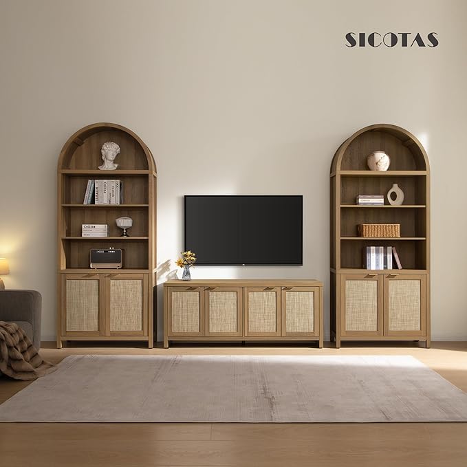 SICOTAS Book Shelf Arched Cabinet Bookshelf Arch 84.2" Tall Bookcase 5 Tier Large Bookshelves with Doors Storage Rattan Boho Wide Book Shelves Case for Living Room Kitchen Office Bedroom Library