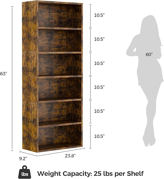 6-Tier Industrial Bookcase, 63" Tall Freestanding Wood Bookshelf with Open Display Storage Shelves for Living Room, Bedroom, Home Office, Rustic Brown