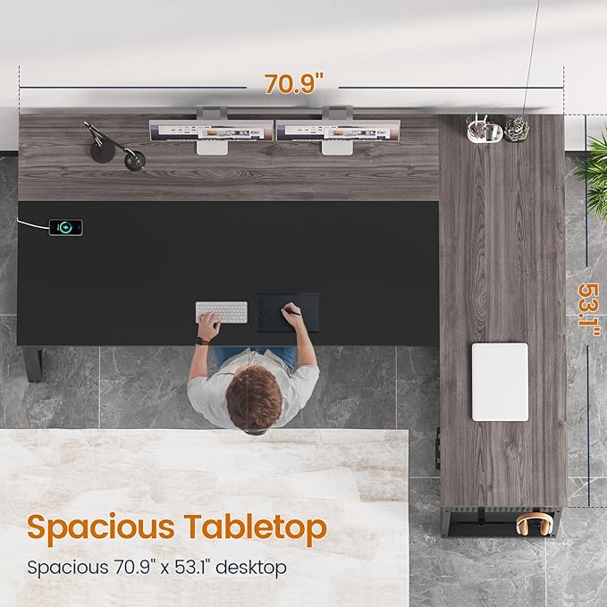 71 in Executive Desk with Power Outlets, Reversible L Shaped Computer Desk with File Drawers & Storage Shelves, Large Office Desk with Pegboard, Mobile CPU Stand, Modern Corner Desk (Grey)