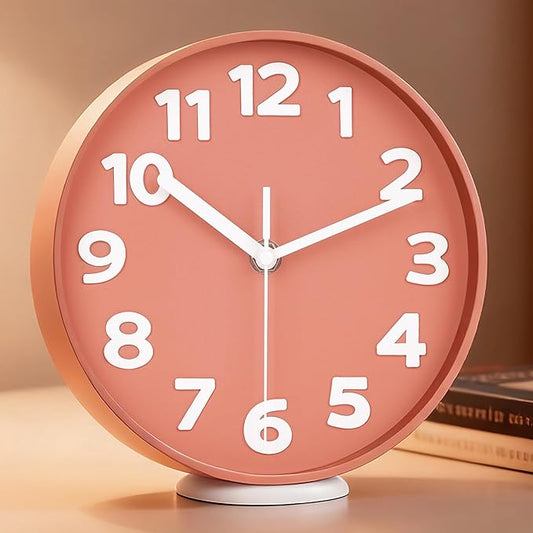 8-Inch Pink Modern Wall Clock – Silent Non-Ticking, 3D Large Numbers, Accurate Timekeeping | Decorative Wall & Desk Clock with Stand for Living Room, Bedroom, Kitchen, or Office