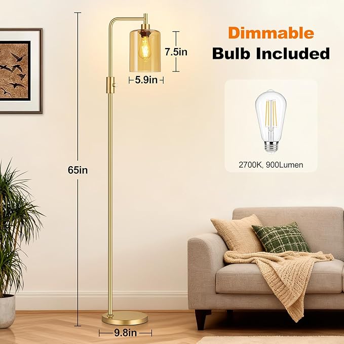 【Upgraded】Gold Dimmable Floor Lamp for Living Room with Amber Glass Lampshade, Glass Modern Floor Lamp with 900LM Bulb Included, Bright Standing Tall Lamp for Bedroom, Office, Reading Room, Corner