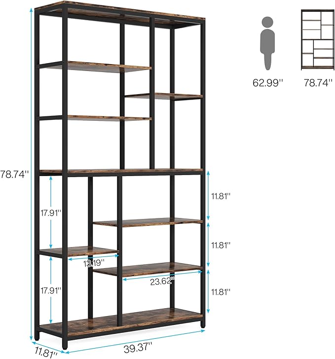 Tribesigns 79-Inch Tall Staggered Bookshelf, Industrial Bookcase with 8 Open Shelves, Wood and Metal Etagere Display Shelf for Living Room, Home and Office