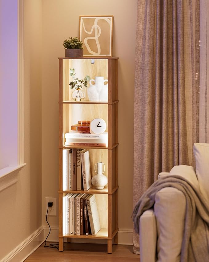 Bookshelf with LED Lights, Modern 4-Tier Bookcase, Open Storage Book Shelf, 11 × 14.2 × 50.4 Inches, Small Narrow Bookshelves for Living Room, Home Office, Bedroom, Natural
