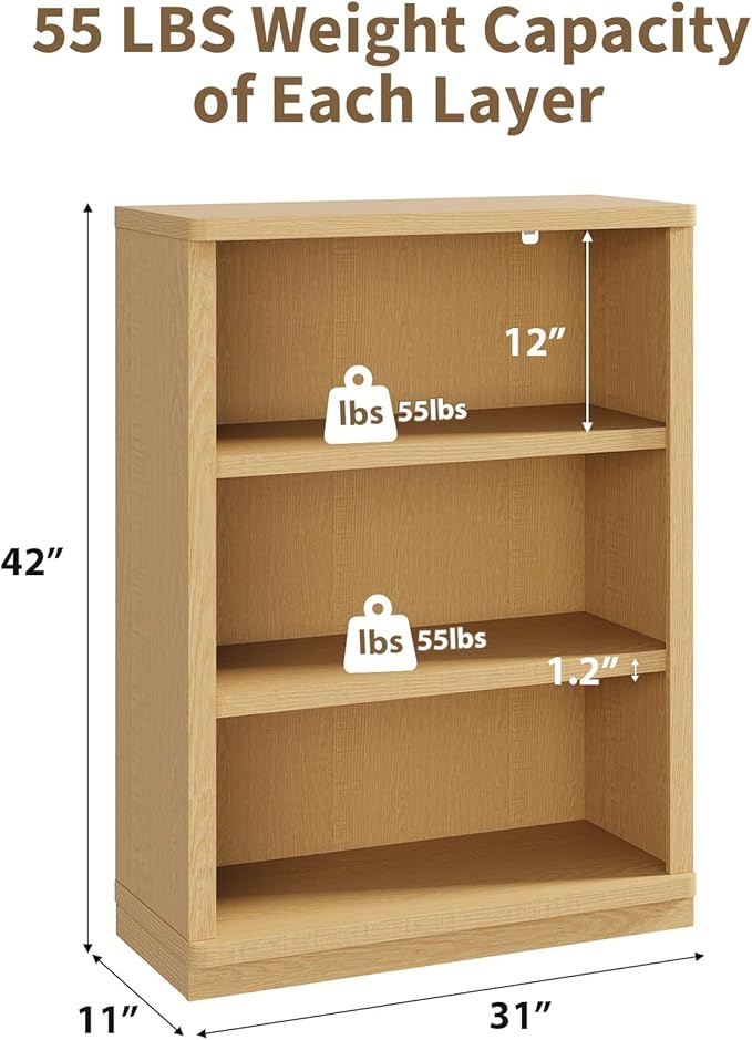 Rresyet 3 -Tier Bookcase, 42" Tall Book Shelf, 31” Wide Bookshelves, Wooden Bookcase Display Storage for Home Office, Living Room and Study Room (Wood)