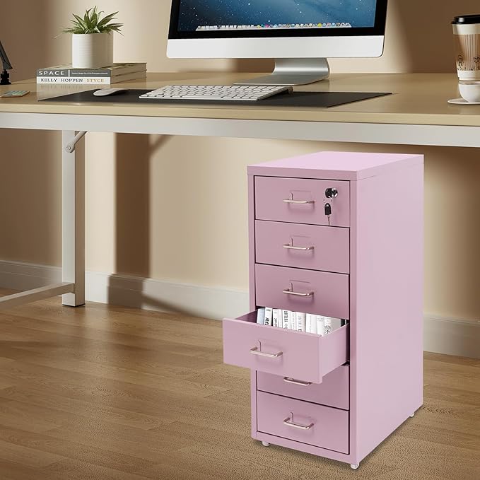6-Drawer Metal File Cabinet, Metal Filing Storage Vertical Cabinets with Lock Home Office Filing Cabinets for Organization Hanging Letter/Legal/F4/A4 (Cream Purple)