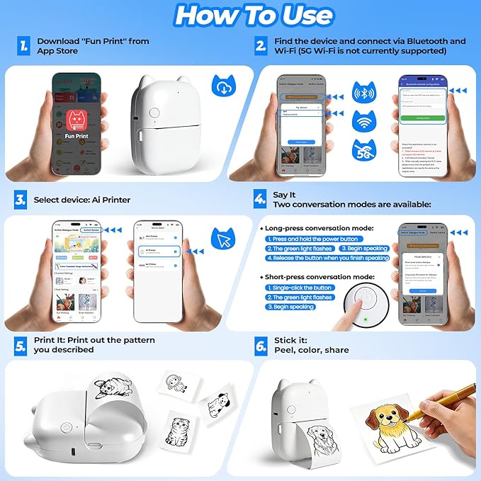 AI Voice Sticker Maker, Mini Bluetooth Thermal Printer for Journaling&Office&Study, Inkless Portable Sticker Printer, Smart Voice-to-Image Generation Printer for Scrapbooking&DIY, iphone & Android