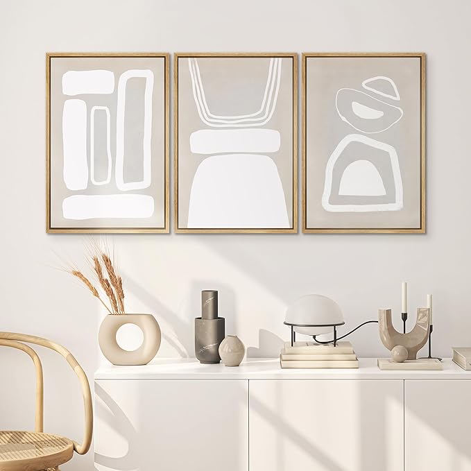SIGNWIN Framed Canvas Print Wall Art Set Mid-Century Boho Geometric Polygons Abstract Shapes Cozy Neutral Decorative Contemporary Minimal for Living Room, Bedroom, Office - 16"x24"x3 Natural