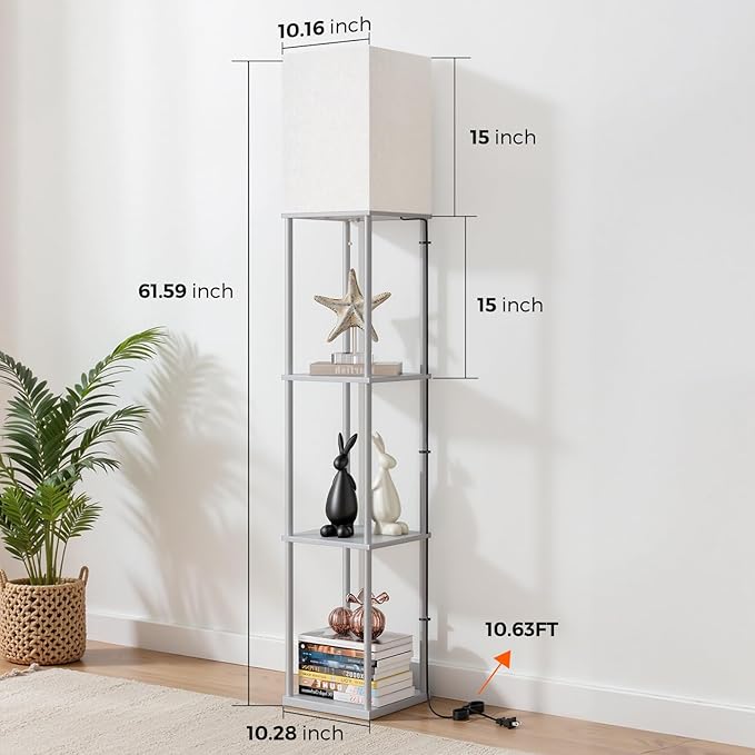 FOLKSMATE Floor Lamp with Shelves, 3-Tier Modern Square Bookshelf Floor Lamp, 3 Color Temperature Bulb Included, Floor Lamps for Living Room Bedroom Corner - Grey