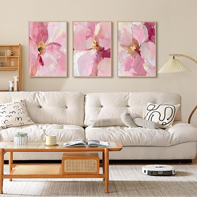 Abstract Floral Wall Art Pink Flower Canvas Pictures Modern Wall Decor Blush Pastel Pink Prints Peony Painting Minimalist Poster Botanical Artwork for Bedroom Living Room 12x16 Inch Unframed set of 3