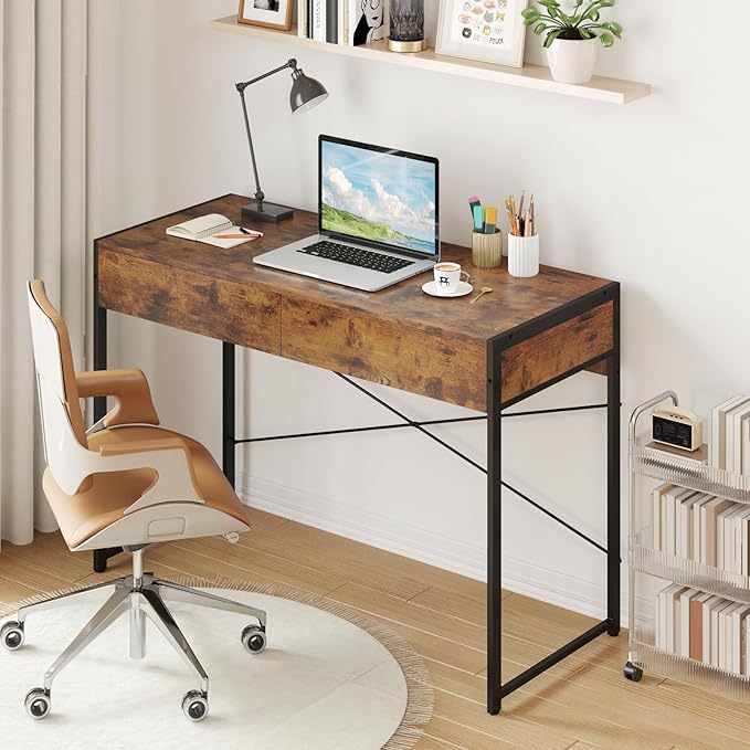 Giantex Computer Desk with 2 Drawers, 44 Inch Home Office Desk with Anti-Toppling Device & Metal Frame, Compact Laptop PC Table, Vanity Table, Modern Study Writing Desk for Small Spaces (Rustic Brown)