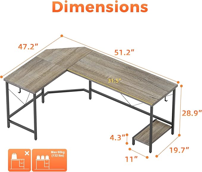 Mericonia 50 inch Large L Shaped Desk, Simple Corner Gaming Desk with CPU Stand & Hooks, Computer Desk for Home, Bedroom & Office Workspace, Grey