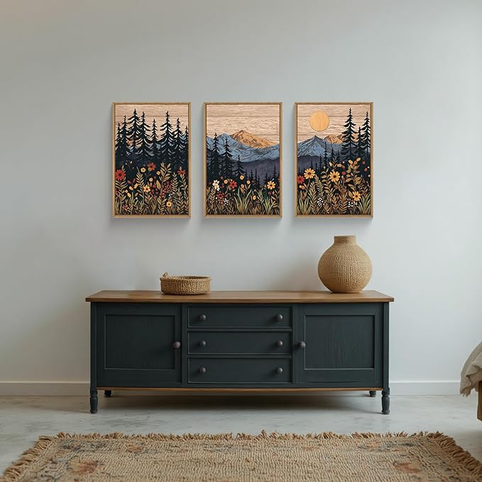 Houria Mid Century Woodland Mountain Framed Canvas Wall Art Set,Vintage Natural Sunset Wildflower Forest Field Decor,Wilderness Boho Floral Pine Tree Landscape Artwork for Living Room,Office-24"x36"x3