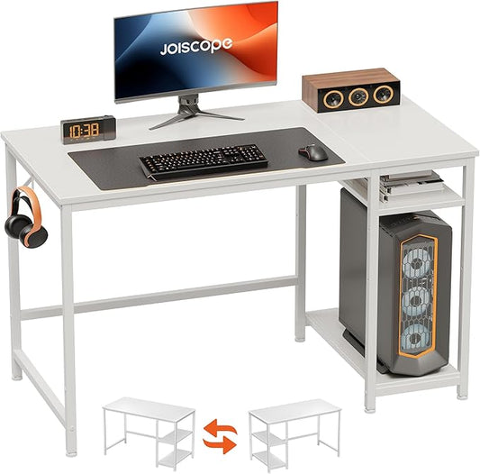 JOISCOPE Home Office Desk with Double Reversible Side Shelves and Headphone Hooks, Small Computer Desk for Working, Gaming, Studying, 48 inches, White