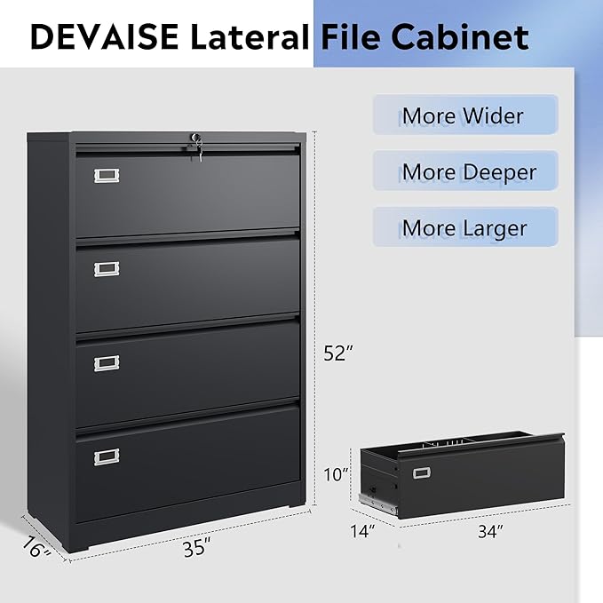 DEVAISE 4 Drawer Lateral File Cabinet with Lock, Metal Filing Cabinets for Home Office, 16" D x 35" W x 52" H Wide Storage Organization for Hanging Files Letter/A4/Legal/F4 Size, Black