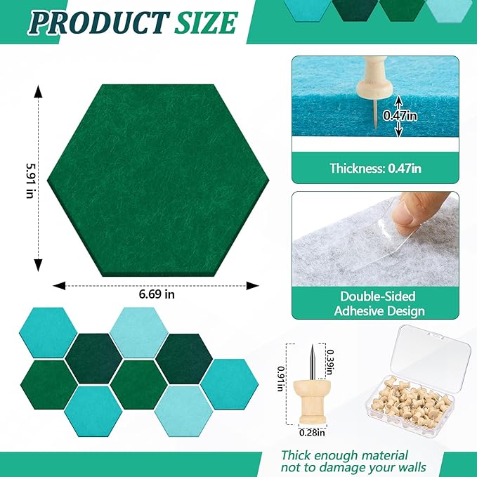16 Pcs Hexagon Cork Board for Walls with 50 Wooden Push Pins 6.7 x 5.9 in Felt DIY Tiles Notice with Nano Tape Hanging Bulletin Board for Home Photo Office Memo Note(Turquoise)