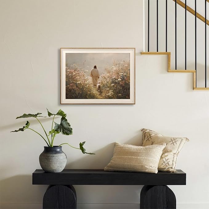 ASTRDECOR Jesus Leaves the 99 Sheep Canvas Wall Art Christian Bible Story Decor, Lost Sheep Painting with Wildflowers for Bedroom, Prayer Room, Church & Home Decoration, 12x16Inch
