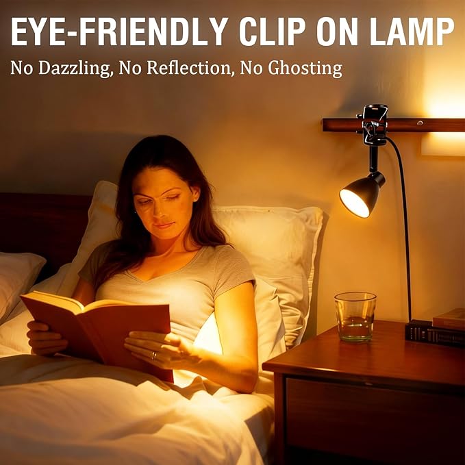 CRI90+ Clip Reading Light, Small Clamp on Bed Lamp for Bedside/Headboard/Desk/Bunk/Table/Shelf, 3 Color Temperature Options, 10 Dimmable Brightness Levels for Reading (6W/Adapter Included)