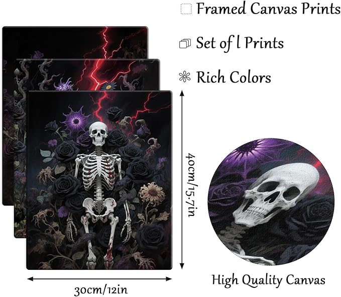 CHIDTB Halloween Gothic Wall Art(Set of 3, 12"x16"), Spooky Crow Skeleton Black Cat Framed Canvas Artwork Painting, Horror Dark Academia Flowers Roses Wall Decor Hanging for Home Gallery Bedroom