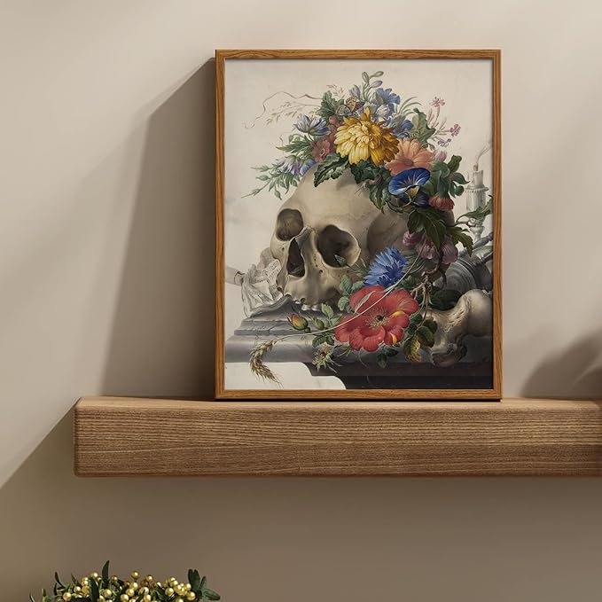 uniro Vintage Floral Skull Wall art Decor Rustic Hanging Retro Skull Flowers Canvas Print Gallery Decor Wall Art Print Poster Painting for Home Living Room Bedroom Halloween wallart (8" x 10"-UNFRAMED)